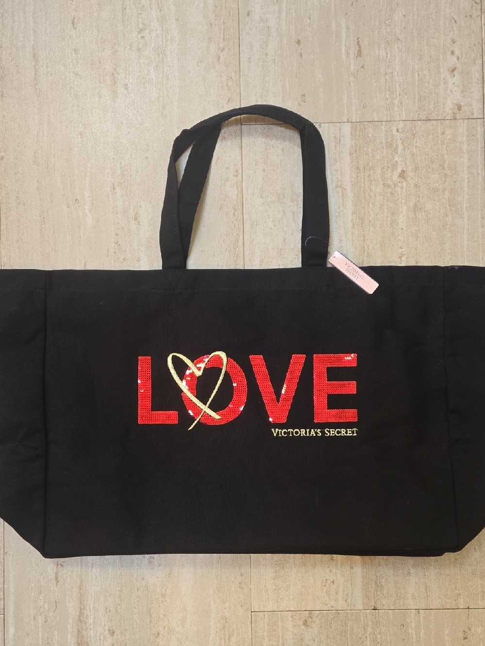 New Victoria's Secret Black "LOVE" Red Sequin Oversized Weekender Travel Tote